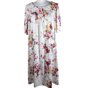 Aviier Floral Nightgown XXL White Red Yellow Rose Peter Pan Collar Muumuu Pocket